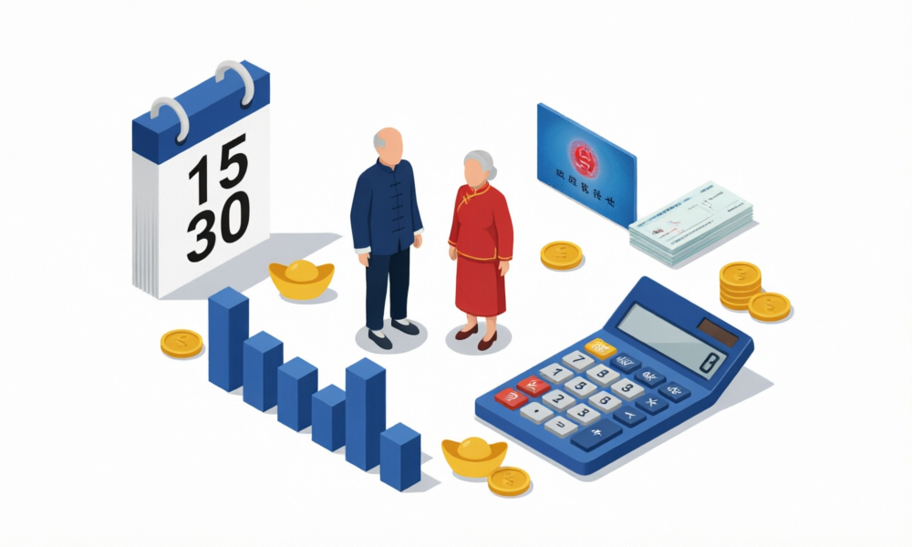 缴费15年vs30年养老金差多少 - 2.5D商务插画