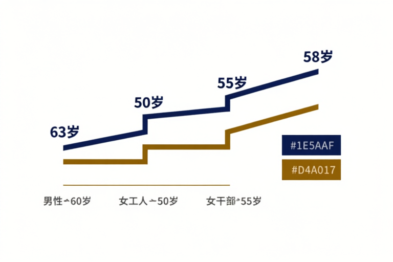 延迟退休三档年龄调整路径：男性60→63、女工人50→55、女干部55→58