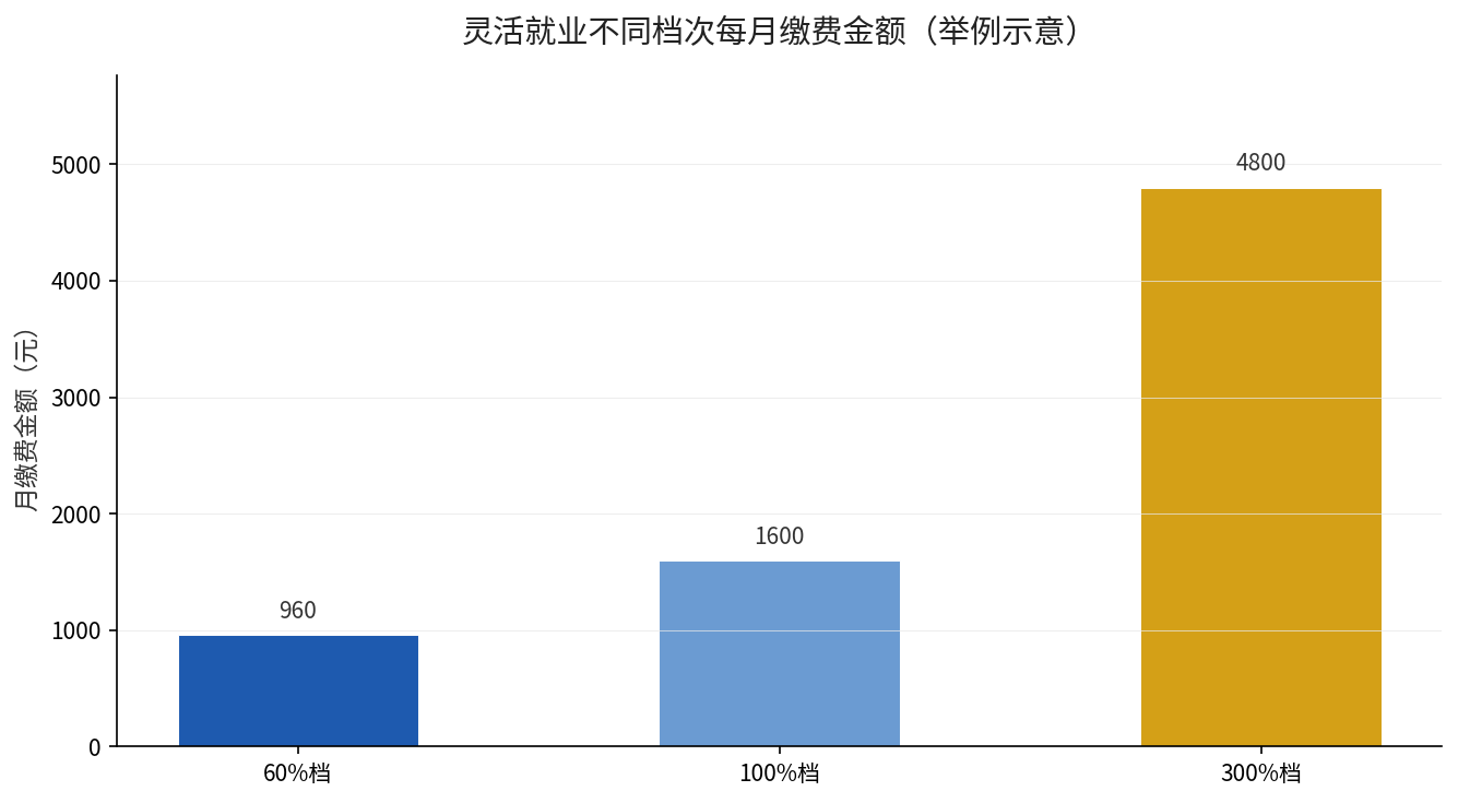 灵活就业不同档次每月缴费金额对比(举例示意)
