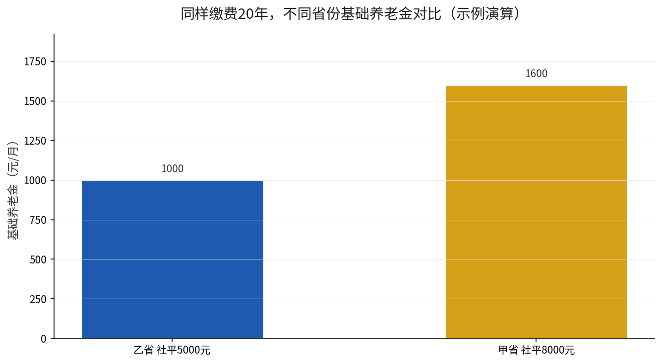 同样缴费20年不同省份基础养老金对比示例