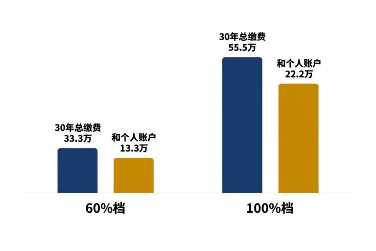 60%档与100%档30年缴费总额与个人账户积累对比