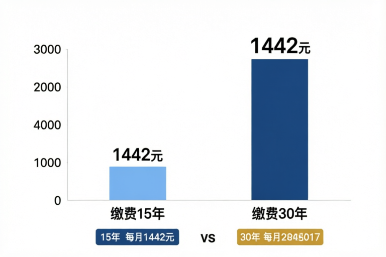 养老金缴费年限对比：缴15年每月1442元，缴30年每月2884元
