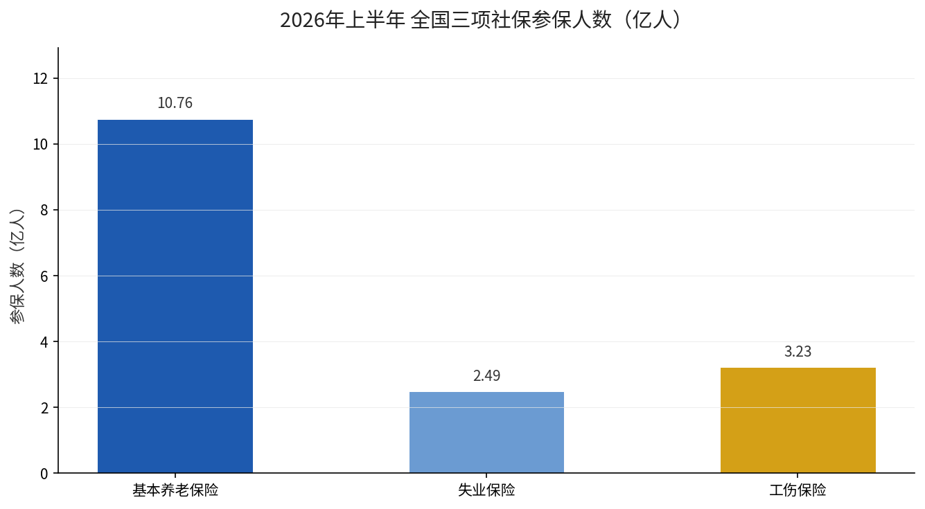 2026年上半年全国三项社保参保人数柱状图