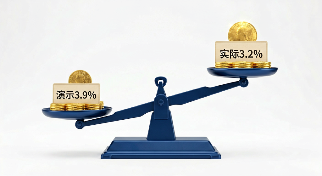 分红险演示利率3.9%与实际收益3.2%天平对比图