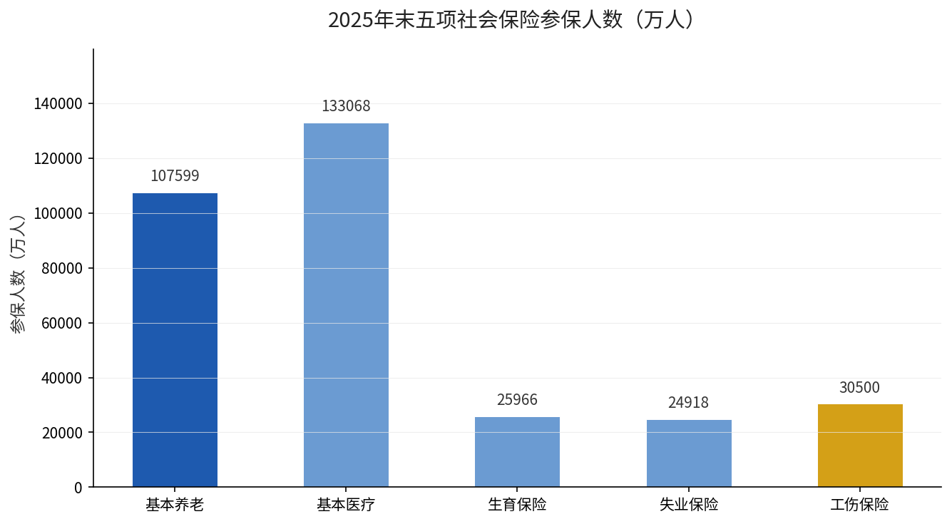 2025年末五项社会保险参保人数对比