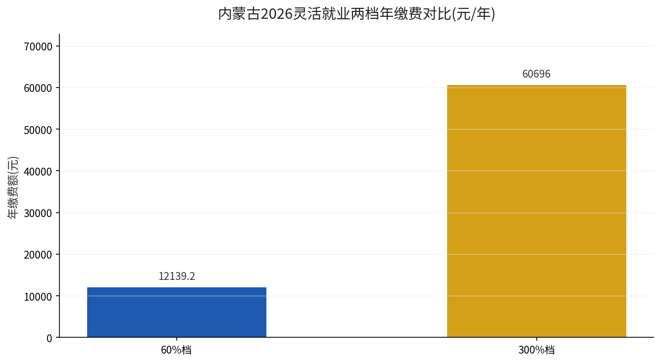 内蒙古2026灵活就业60%档与300%档年缴费额对比