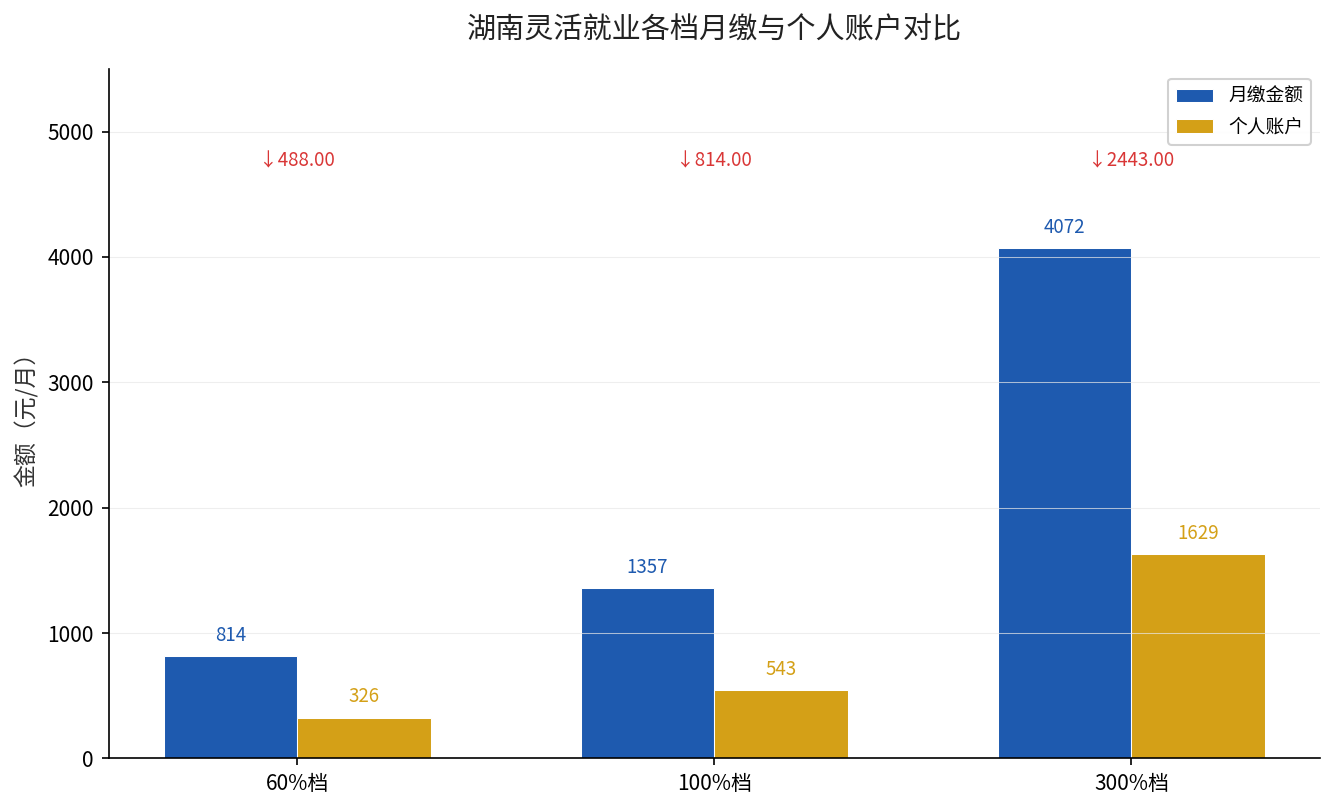 湖南灵活就业60%/100%/300%档月缴与个人账户对比